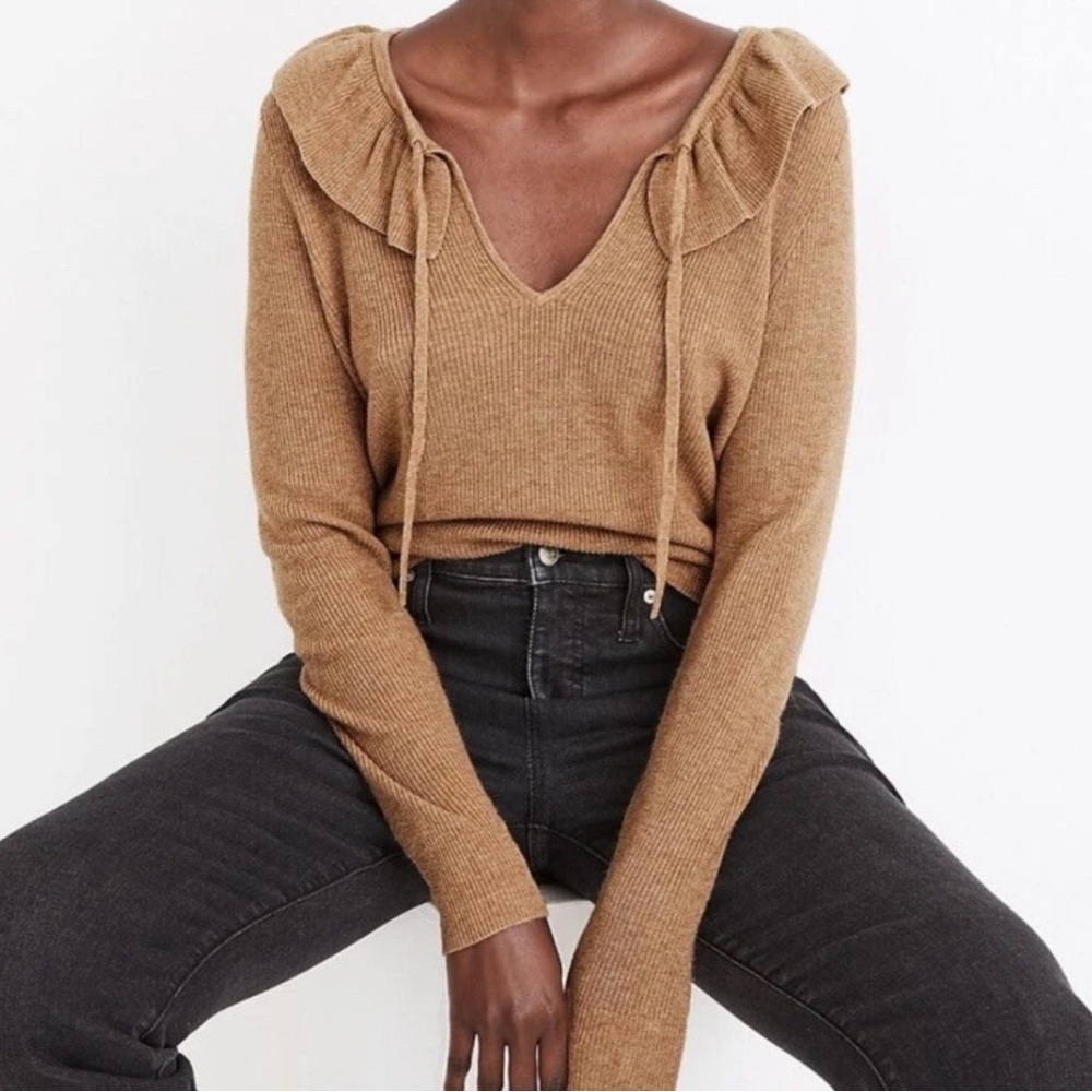 Madewell Wool and Alpaca Blend Ruffle Collar Sweater with Tie Detail - Size XS